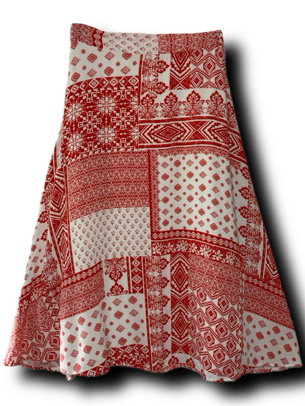 Le Lis Boho Red-Orange & White Patchwork A-Line Midi Skirt Hippie Vibes